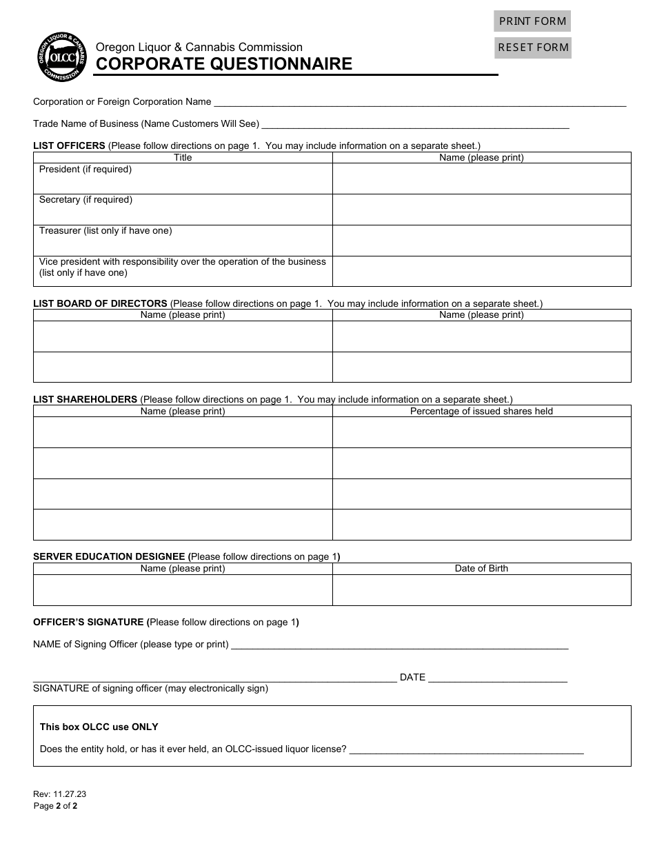 Corporate Questionnaire - Oregon, Page 2