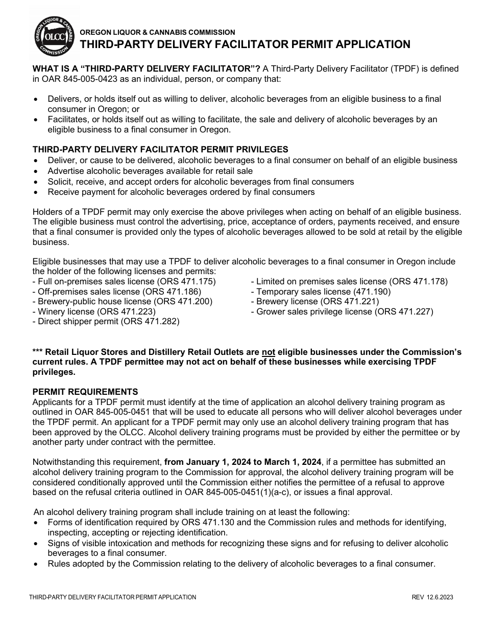 Third-Party Delivery Facilitator Permit Application - Oregon, Page 1