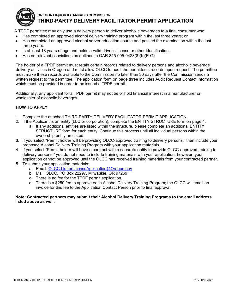 Third-Party Delivery Facilitator Permit Application - Oregon, Page 2