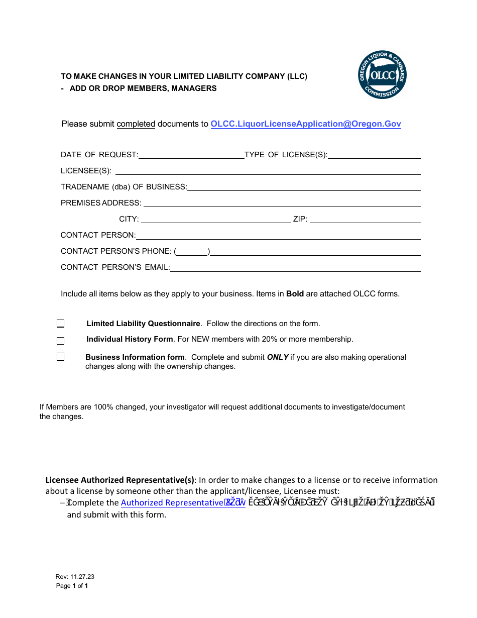 Change in Current Limited Liability Company (Membership / Interest) - Oregon, Page 1