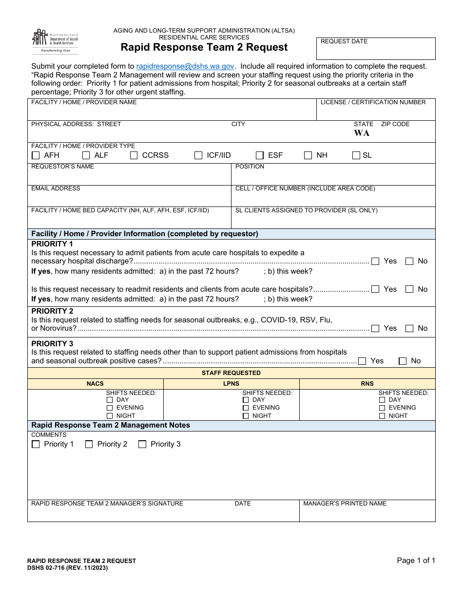 DSHS Form 02-716 Rapid Response Team 2 Request - Washington, Page 1
