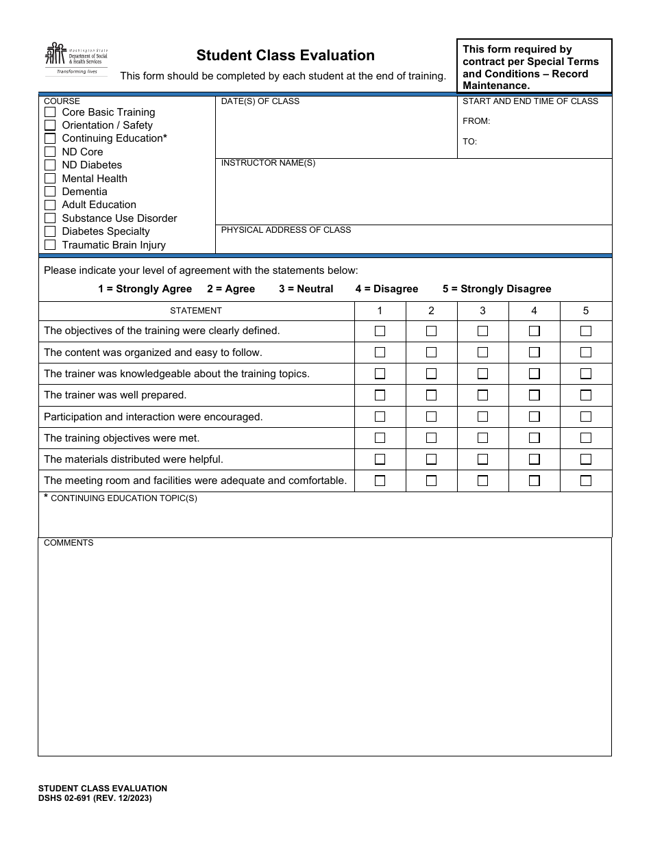 DSHS Form 02-691 Student Class Evaluation - Washington, Page 1