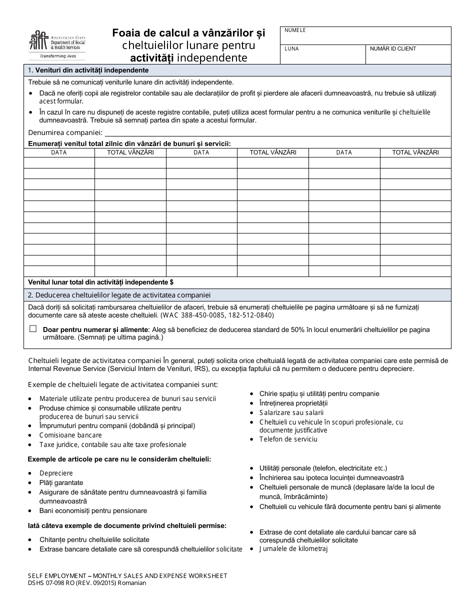 DSHS Form 07-098 Self Employment - Monthly Sales and Expense Worksheet - Washington (Romanian), Page 1