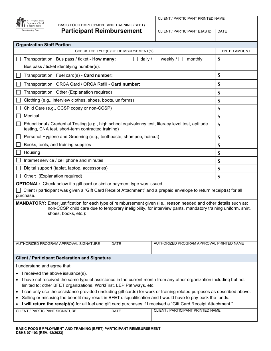 DSHS Form 07-103 Basic Food Employment and Training (Bfet) Participant Reimbursement - Washington, Page 1