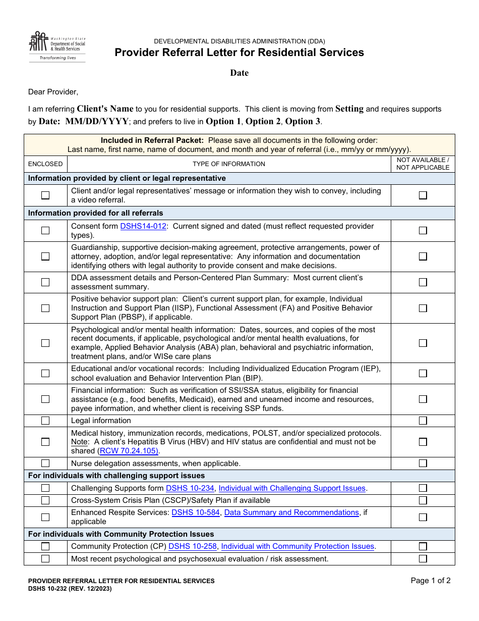 DSHS Form 10-232 Provider Referral Letter for Residential Services - Washington, Page 1