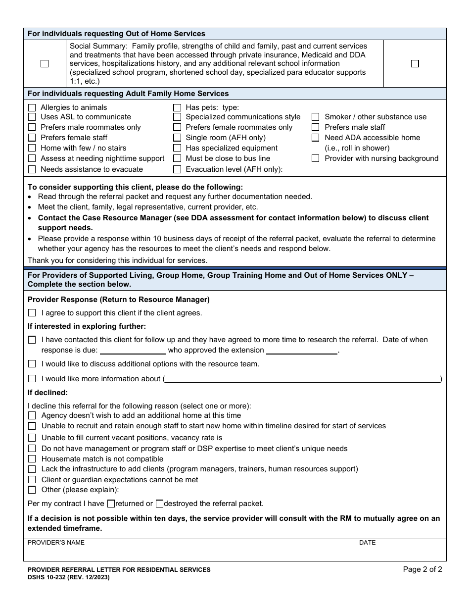 DSHS Form 10-232 Provider Referral Letter for Residential Services - Washington, Page 2