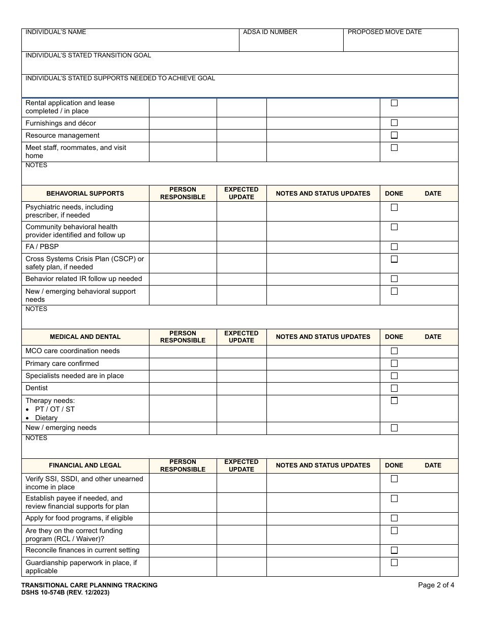DSHS Form 10-574 Part B Transitional Care Planning Tracking - Active Coordinator of Transition (Act) - Washington, Page 2