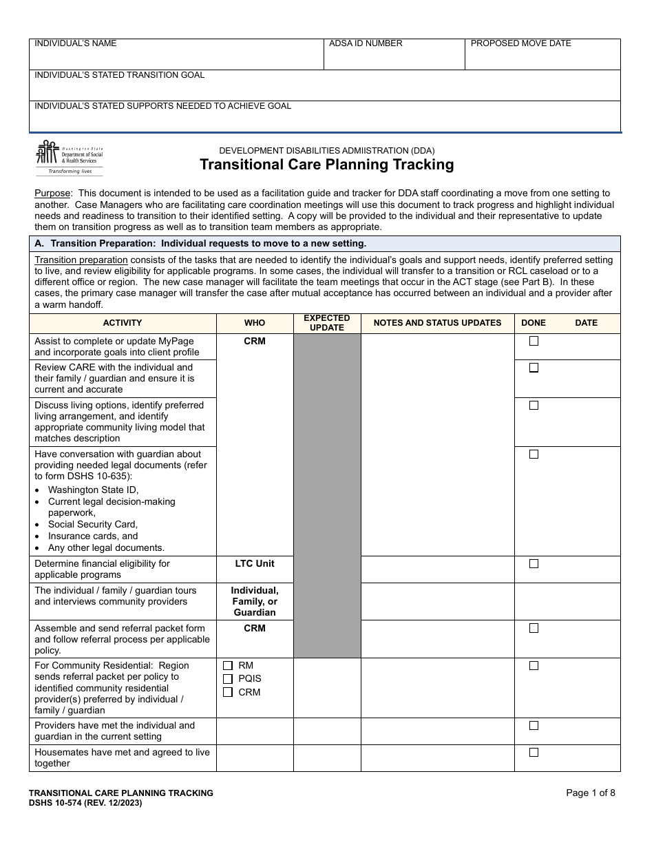 DSHS Form 10-574 Transitional Care Planning Tracking - Washington, Page 1
