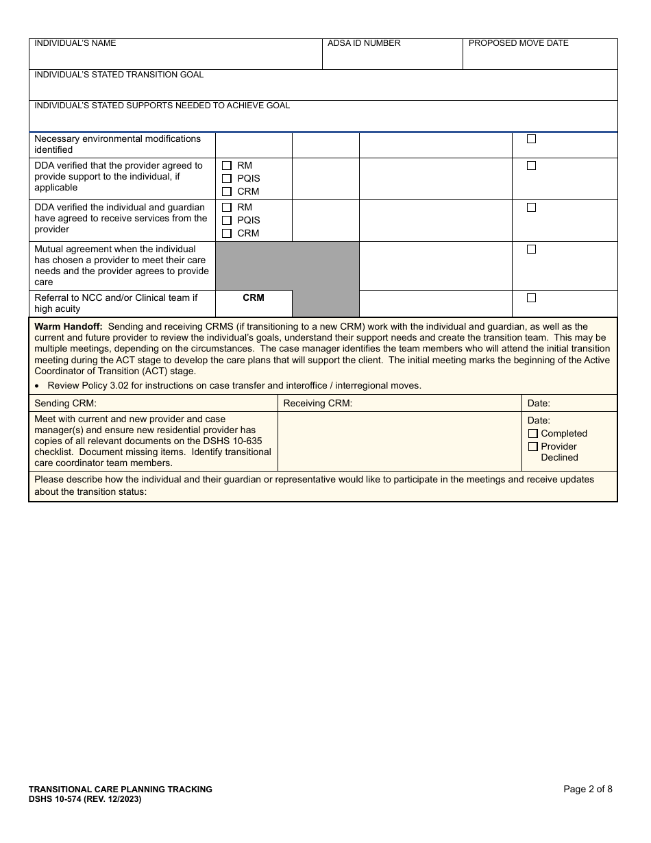 DSHS Form 10-574 Transitional Care Planning Tracking - Washington, Page 2