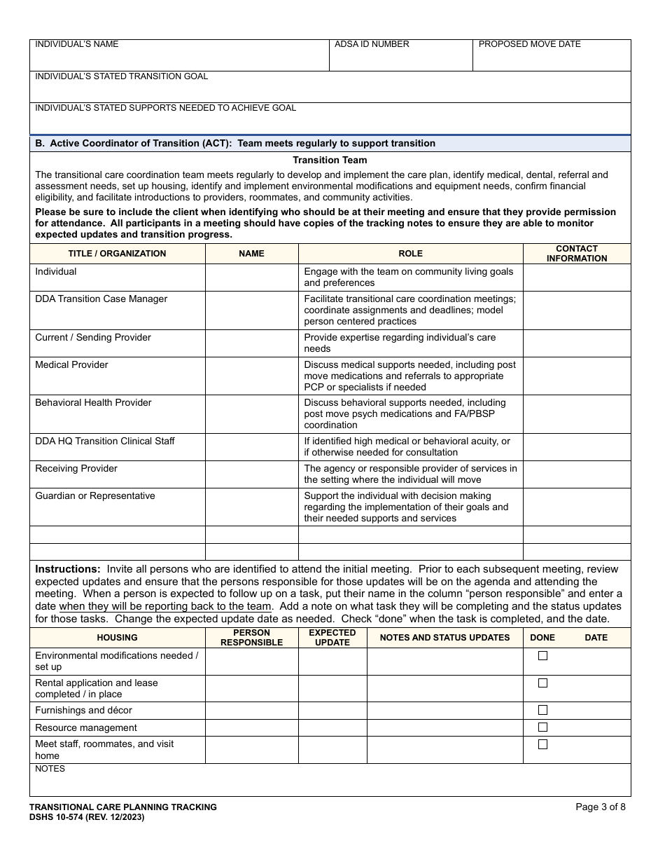 DSHS Form 10-574 Transitional Care Planning Tracking - Washington, Page 3