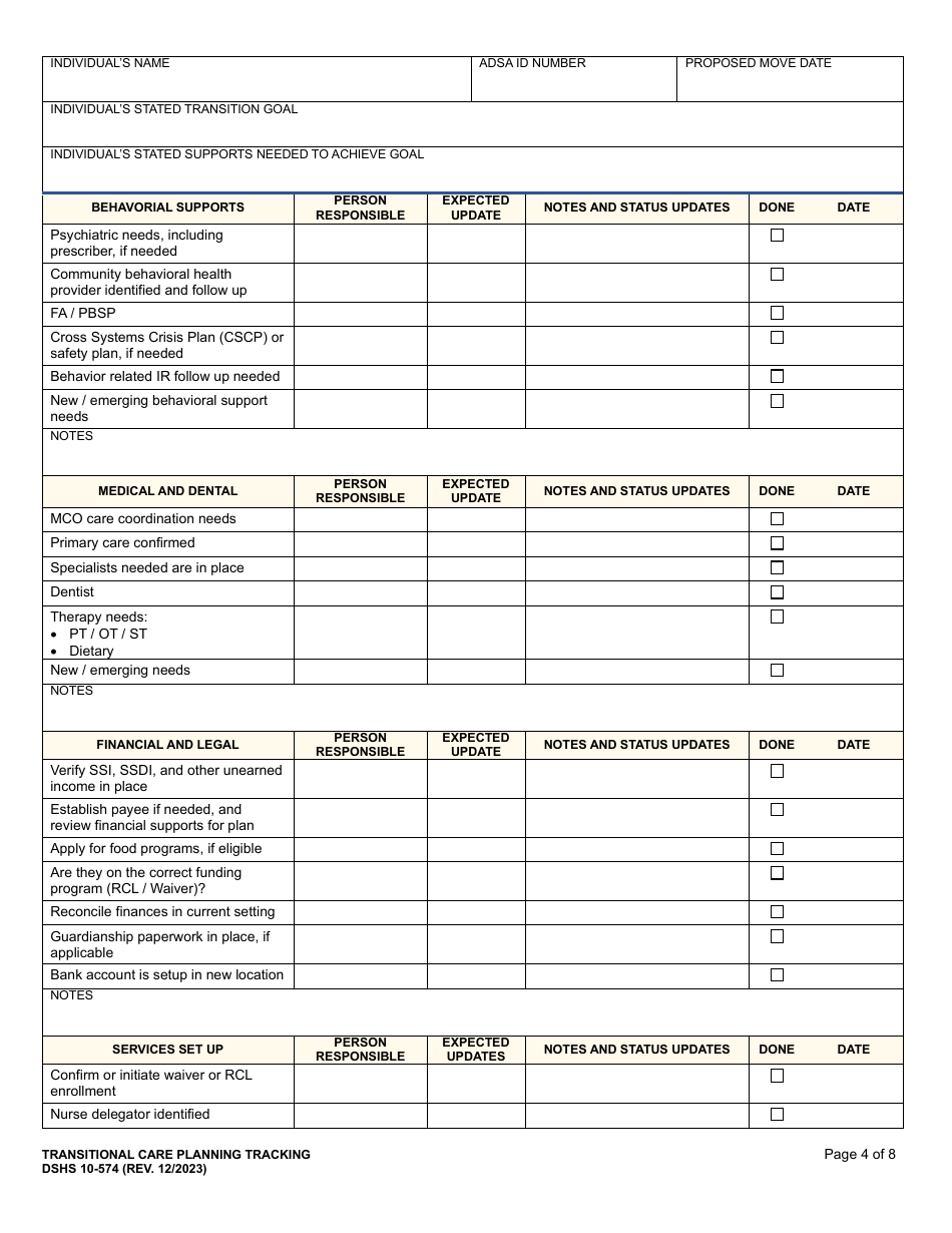 DSHS Form 10-574 Transitional Care Planning Tracking - Washington, Page 4