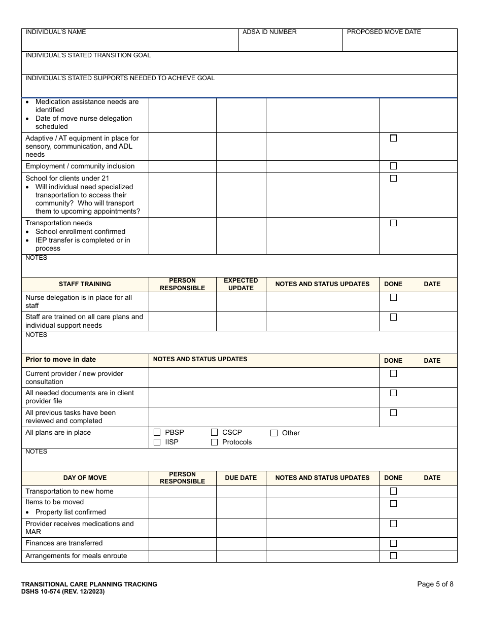 DSHS Form 10-574 Transitional Care Planning Tracking - Washington, Page 5