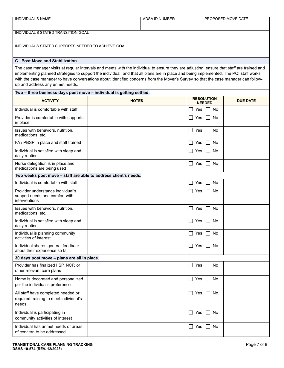 DSHS Form 10-574 Transitional Care Planning Tracking - Washington, Page 7