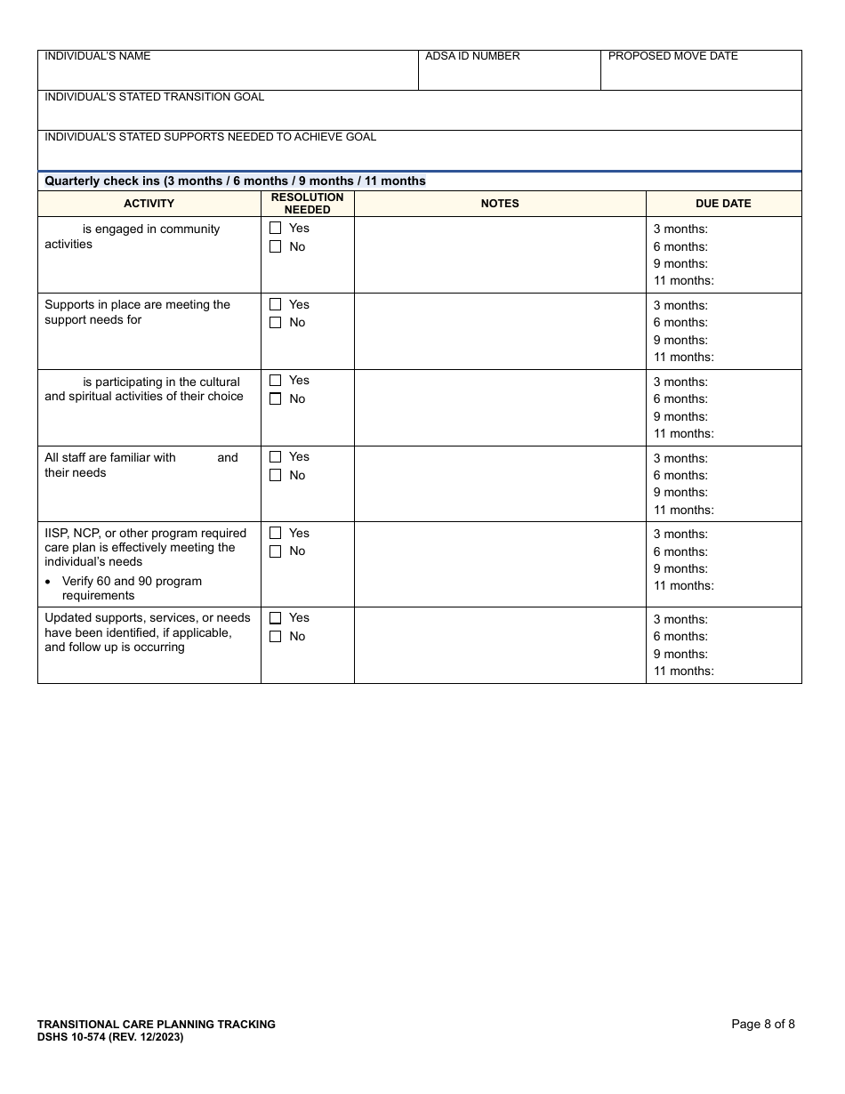 DSHS Form 10-574 Transitional Care Planning Tracking - Washington, Page 8