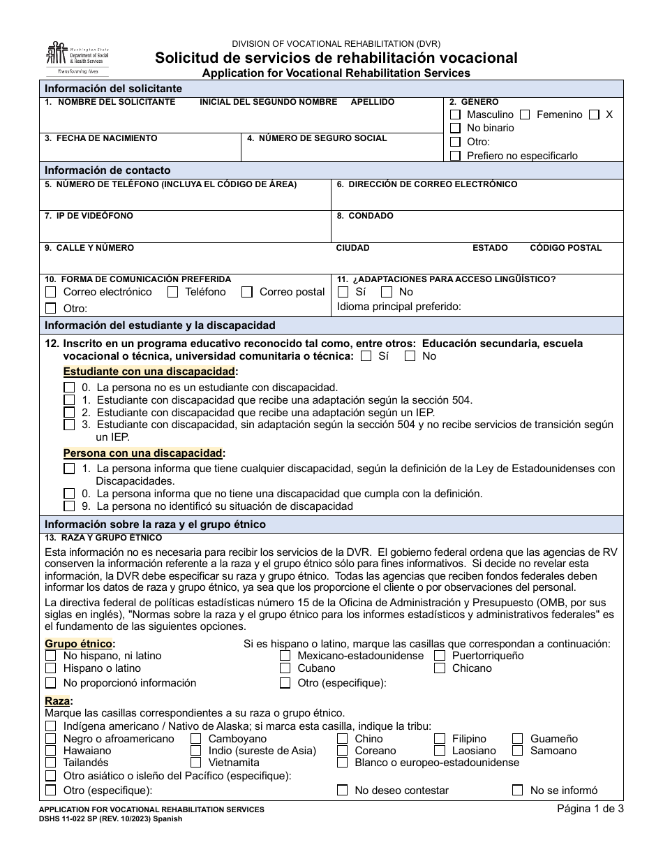 DSHS Formulario 11-022 Solicitud De Servicios De Rehabilitacion Vocacional - Washington (Spanish), Page 1