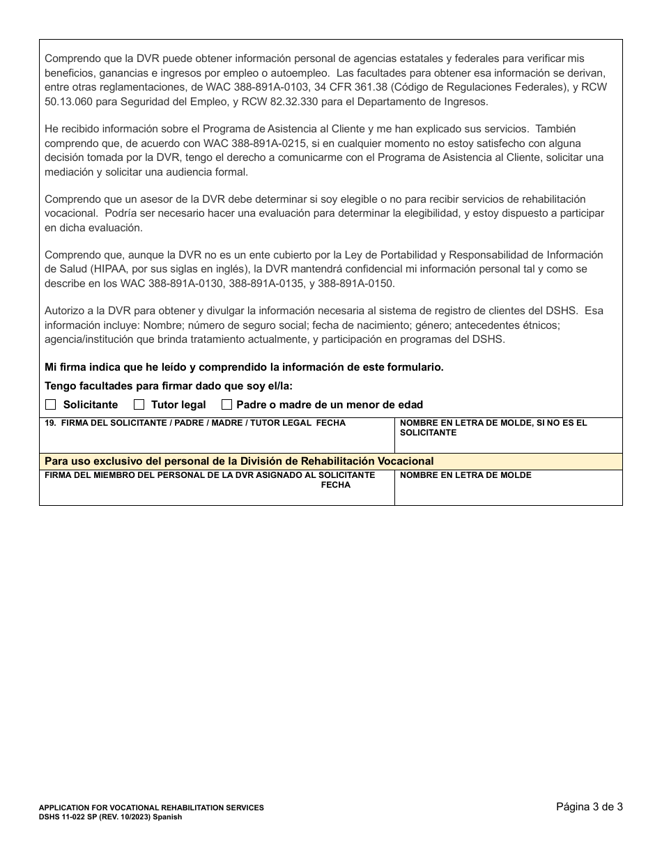DSHS Formulario 11-022 Solicitud De Servicios De Rehabilitacion Vocacional - Washington (Spanish), Page 3