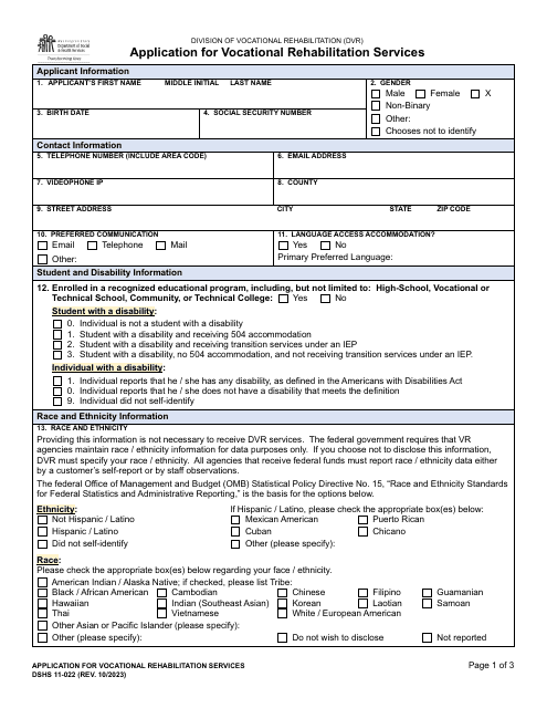 DSHS Form 11-022 Application for Vocational Rehabilitation Services - Washington