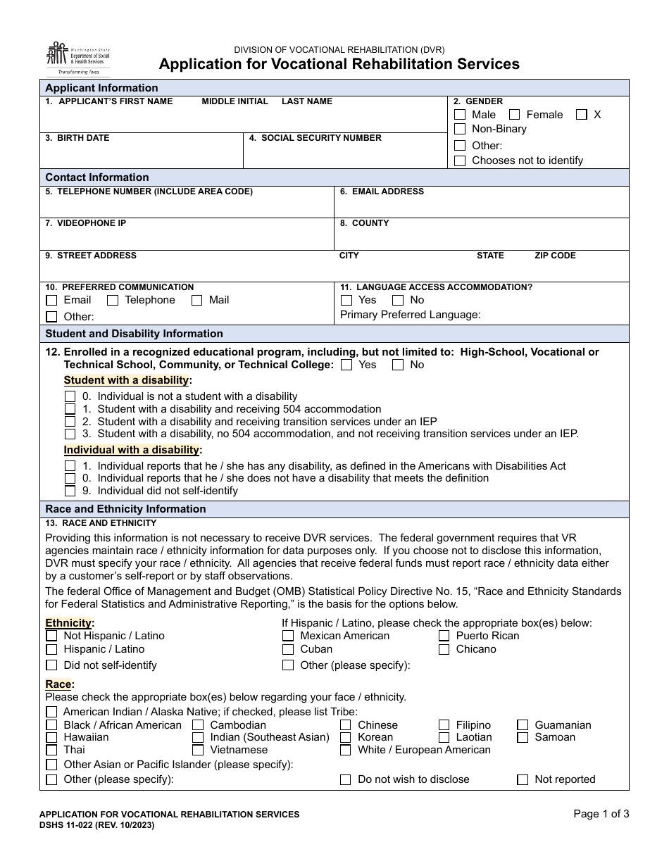DSHS Form 11-022 Application for Vocational Rehabilitation Services - Washington, Page 1