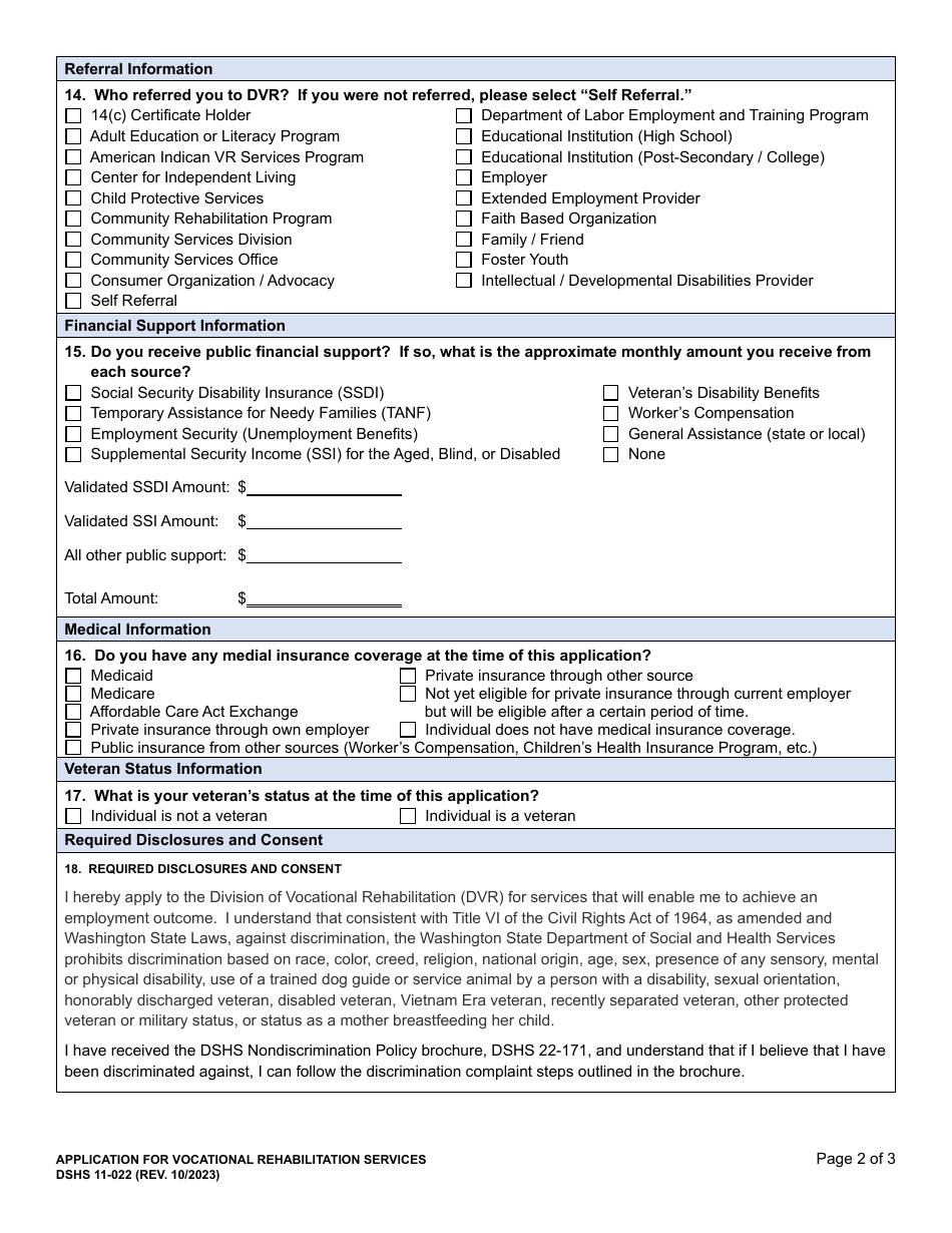 DSHS Form 11-022 Application for Vocational Rehabilitation Services - Washington, Page 2
