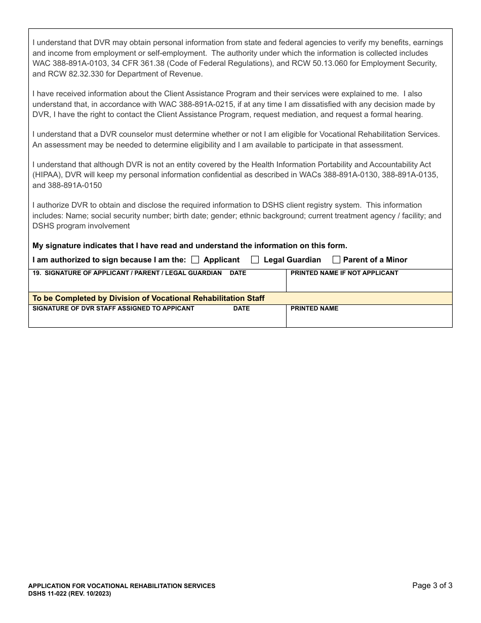 DSHS Form 11-022 Application for Vocational Rehabilitation Services - Washington, Page 3