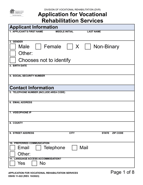 DSHS Form 11-022 Application for Vocational Rehabilitation Services (Large Print) - Washington