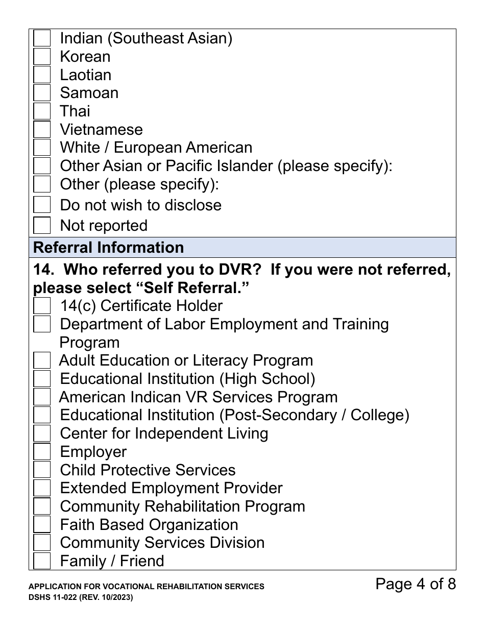 DSHS Form 11-022 Application for Vocational Rehabilitation Services (Large Print) - Washington, Page 4