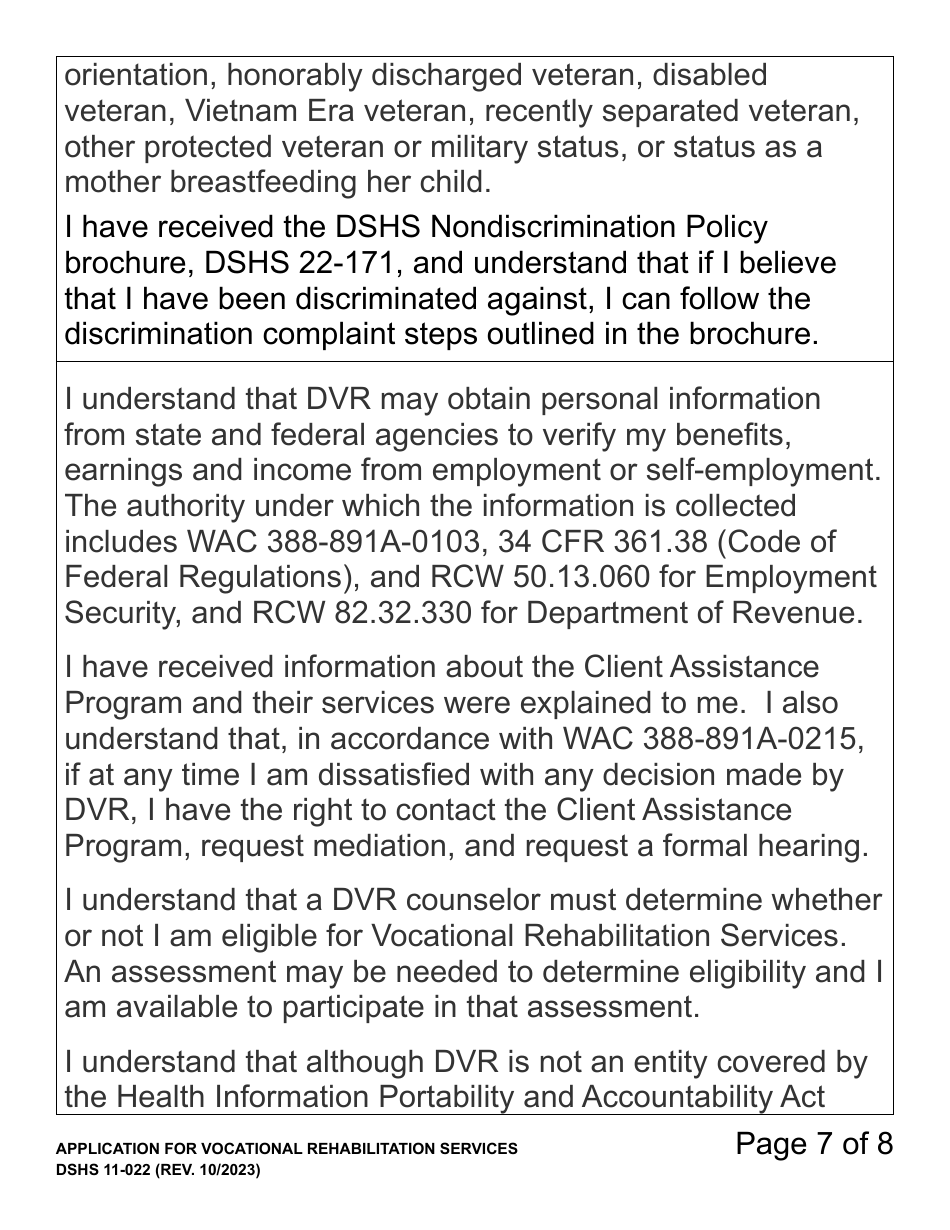 DSHS Form 11-022 Application for Vocational Rehabilitation Services (Large Print) - Washington, Page 7