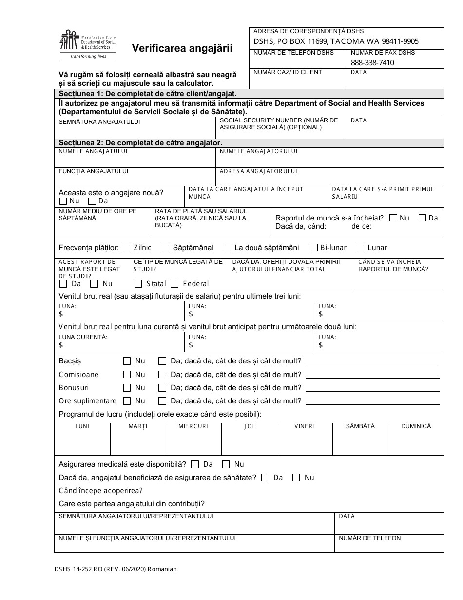 Dshs Form 14 252 Fill Out Sign Online And Download Printable Pdf Washington Romanian 6042