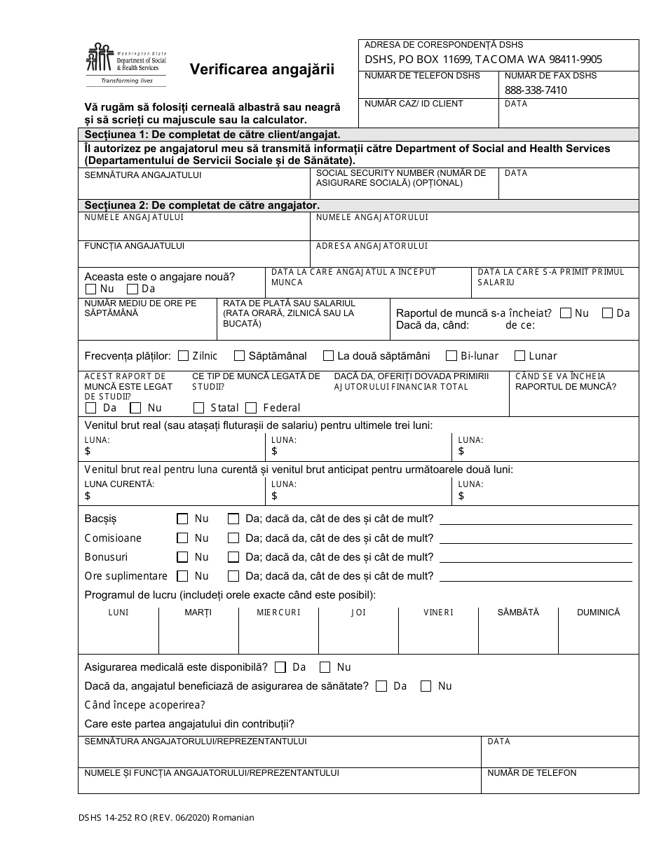 DSHS Form 14-252 Employment Verification - Washington (Romanian), Page 1