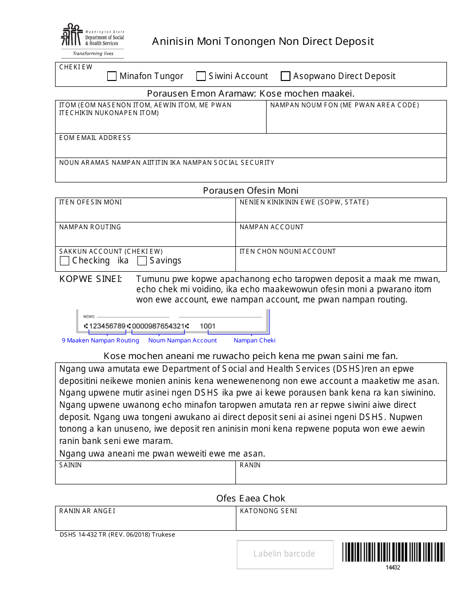 DSHS Form 14-432 Cash Assistance Direct Deposit Enrollment - Washington (Trukese), Page 1