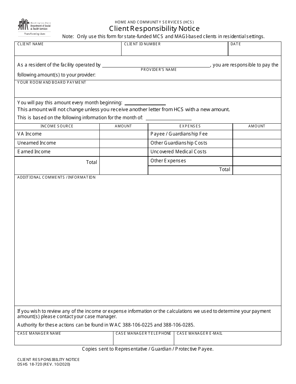 DSHS Form 18-720 Client Responsibility Notice - Washington, Page 1