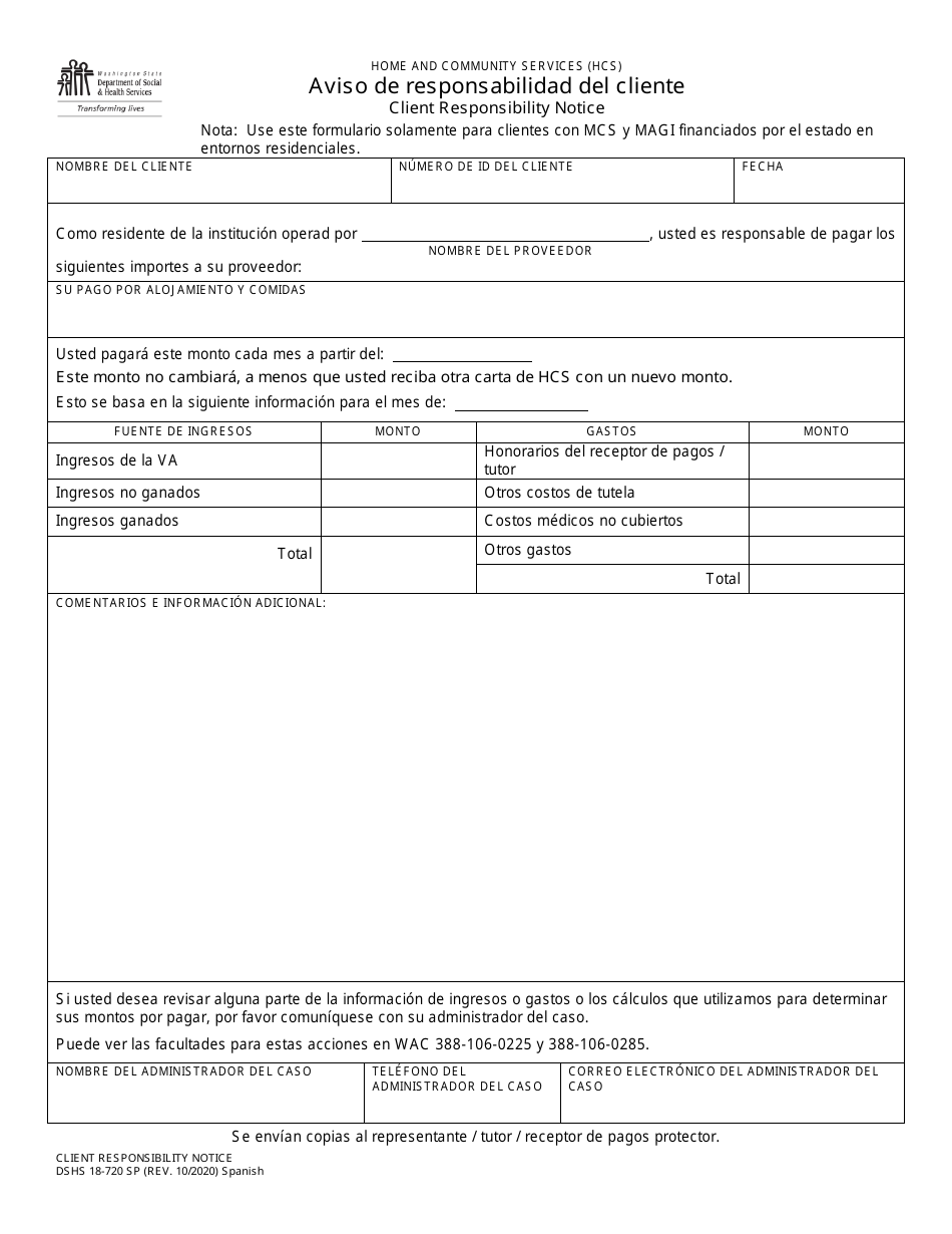 DSHS Formulario 18-720 Aviso De Responsabilidad Del Cliente - Washington (Spanish), Page 1