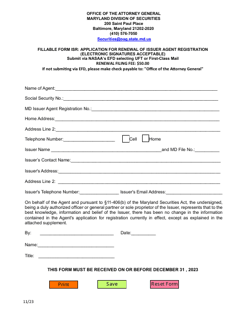 Application for Renewal of Issuer Agent Registration - Maryland Download Pdf
