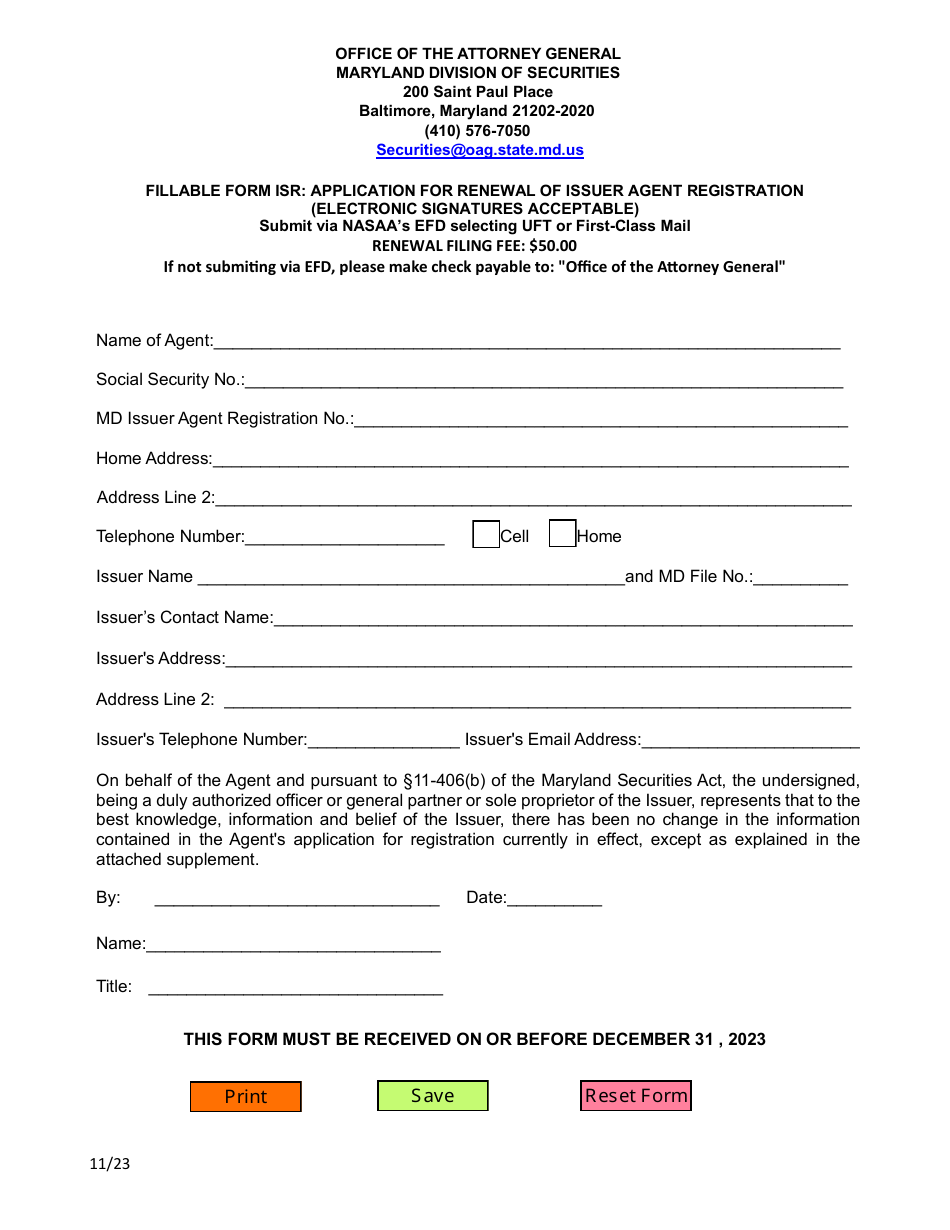 Application for Renewal of Issuer Agent Registration - Maryland, Page 1