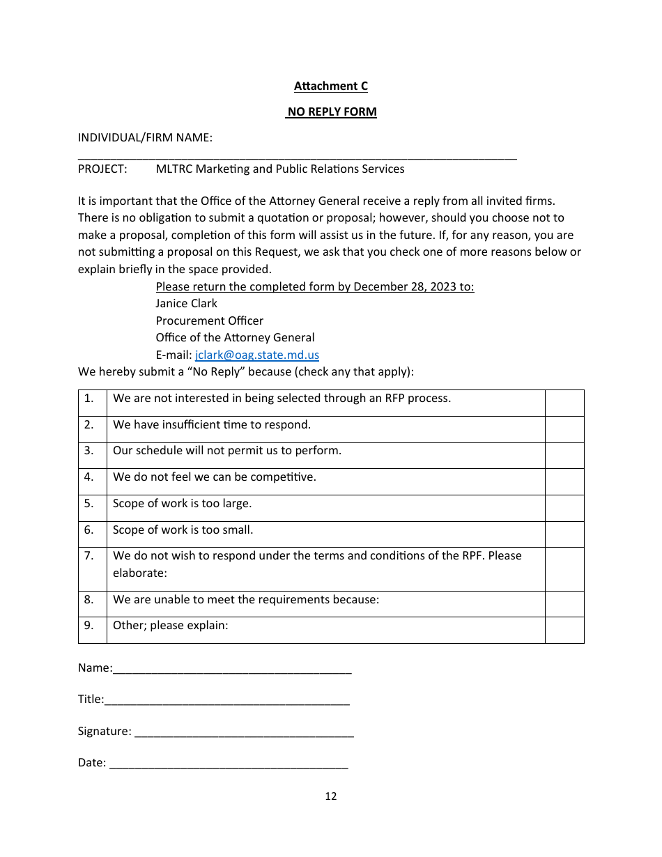 Small Procurement - Request for Proposals - Consultant Services - Marketing and Public Relations - Maryland, Page 12