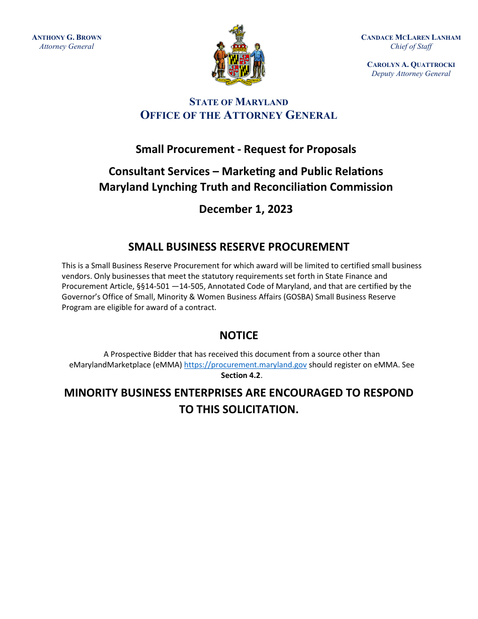 Small Procurement - Request for Proposals - Consultant Services - Marketing and Public Relations - Maryland, Page 1