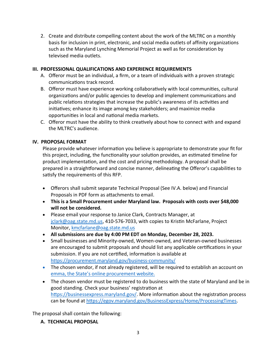 Small Procurement - Request for Proposals - Consultant Services - Marketing and Public Relations - Maryland, Page 3