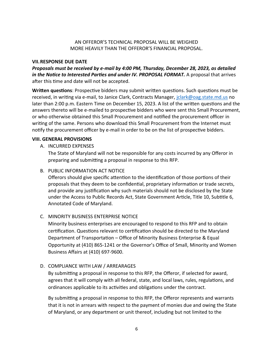 Small Procurement - Request for Proposals - Consultant Services - Marketing and Public Relations - Maryland, Page 6
