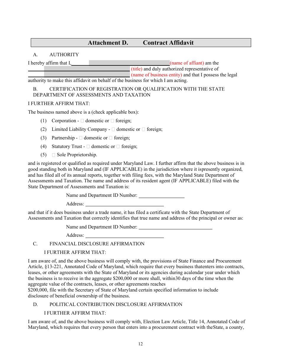 Attachment D Contract and Contract Affidavit - Consultant Services - Marketing and Public Relations - Maryland, Page 12