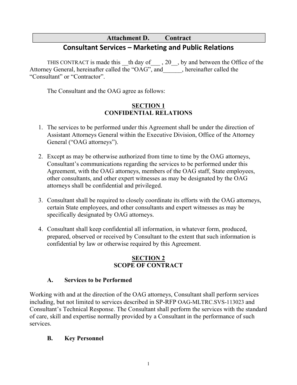 Attachment D Contract and Contract Affidavit - Consultant Services - Marketing and Public Relations - Maryland, Page 1