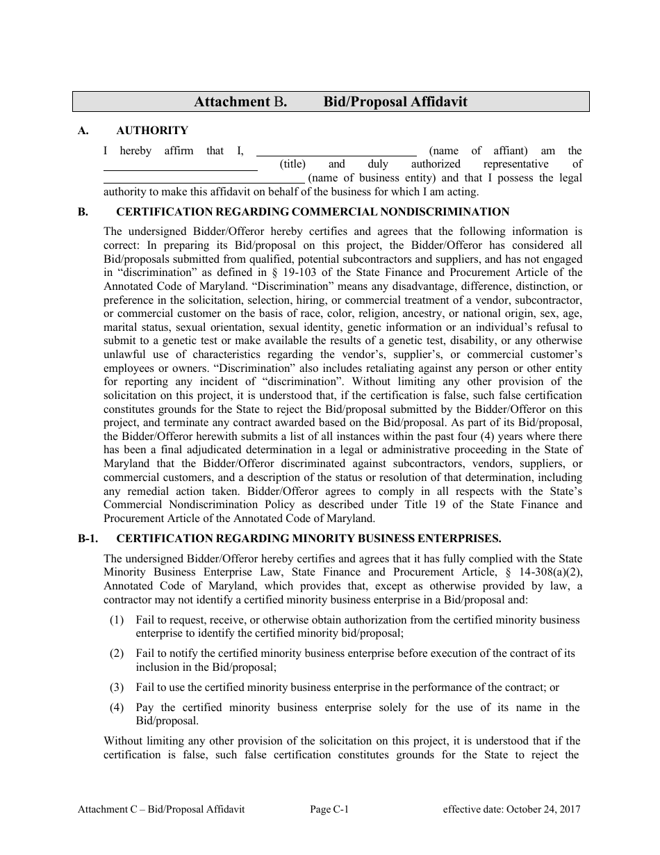 Attachment B Bid / Proposal Affidavit - Consultant Services - Marketing and Public Relations - Maryland, Page 1
