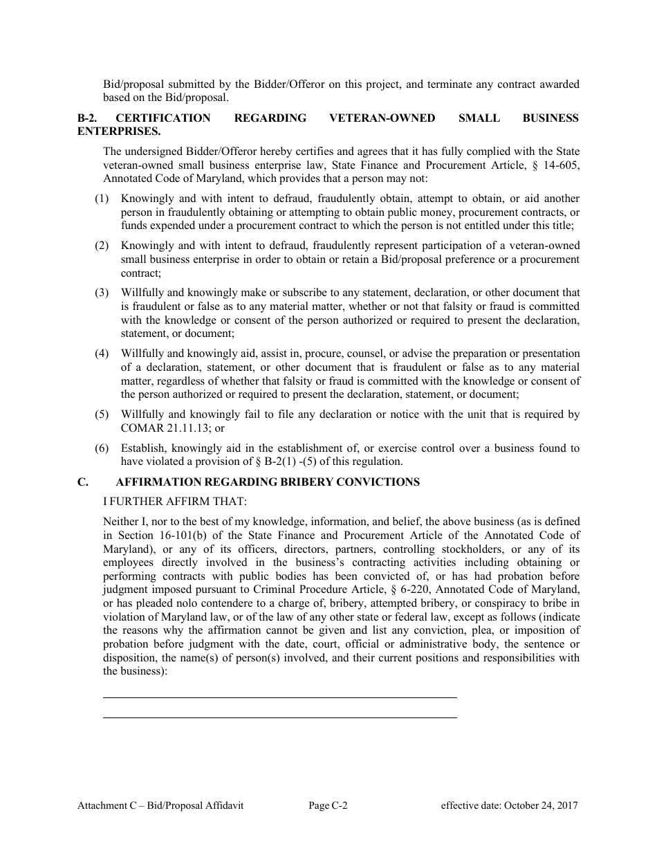 Attachment B Bid / Proposal Affidavit - Consultant Services - Marketing and Public Relations - Maryland, Page 2