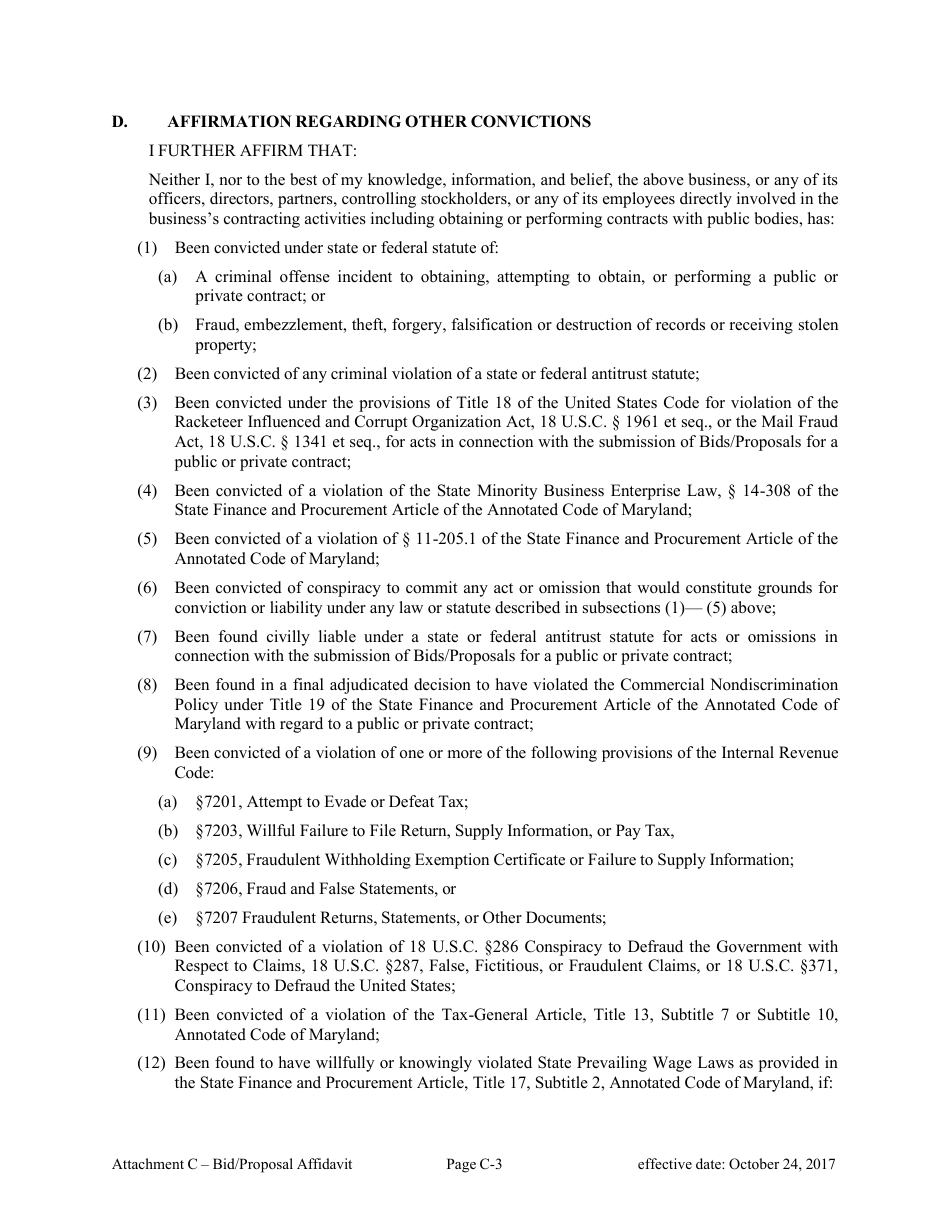 Attachment B Bid / Proposal Affidavit - Consultant Services - Marketing and Public Relations - Maryland, Page 3