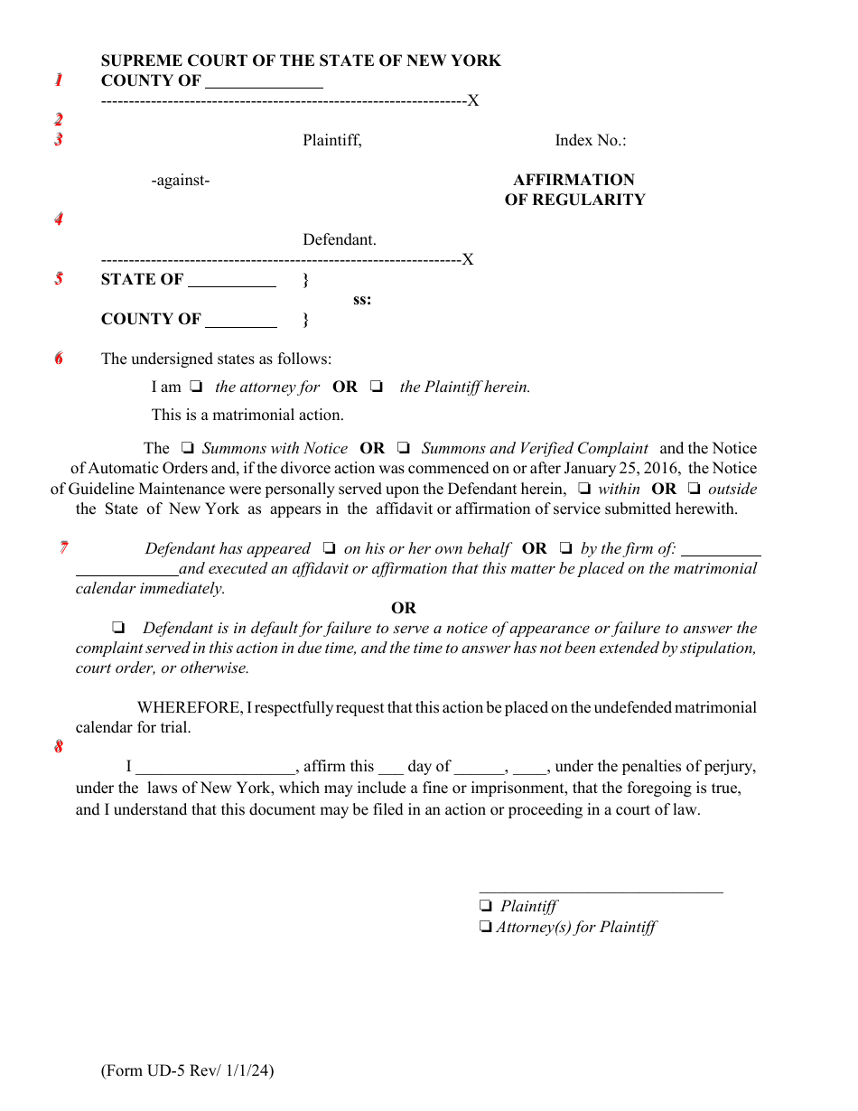 Form UD-5 Affirmation of Regularity - New York, Page 1