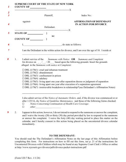 Form UD-7 Affirmation of Defendant in Action for Divorce - New York