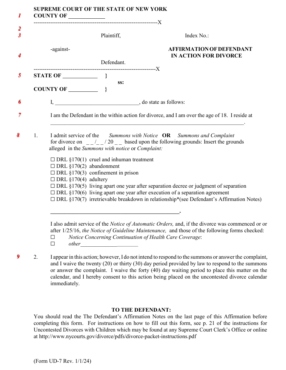 Form UD-7 Affirmation of Defendant in Action for Divorce - New York, Page 1