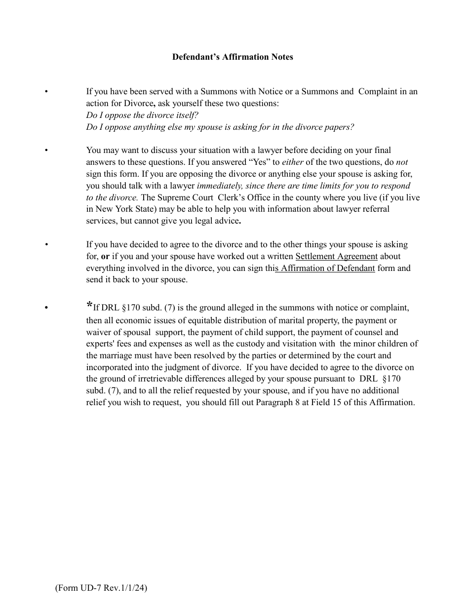 Form UD-7 Affirmation of Defendant in Action for Divorce - New York, Page 5