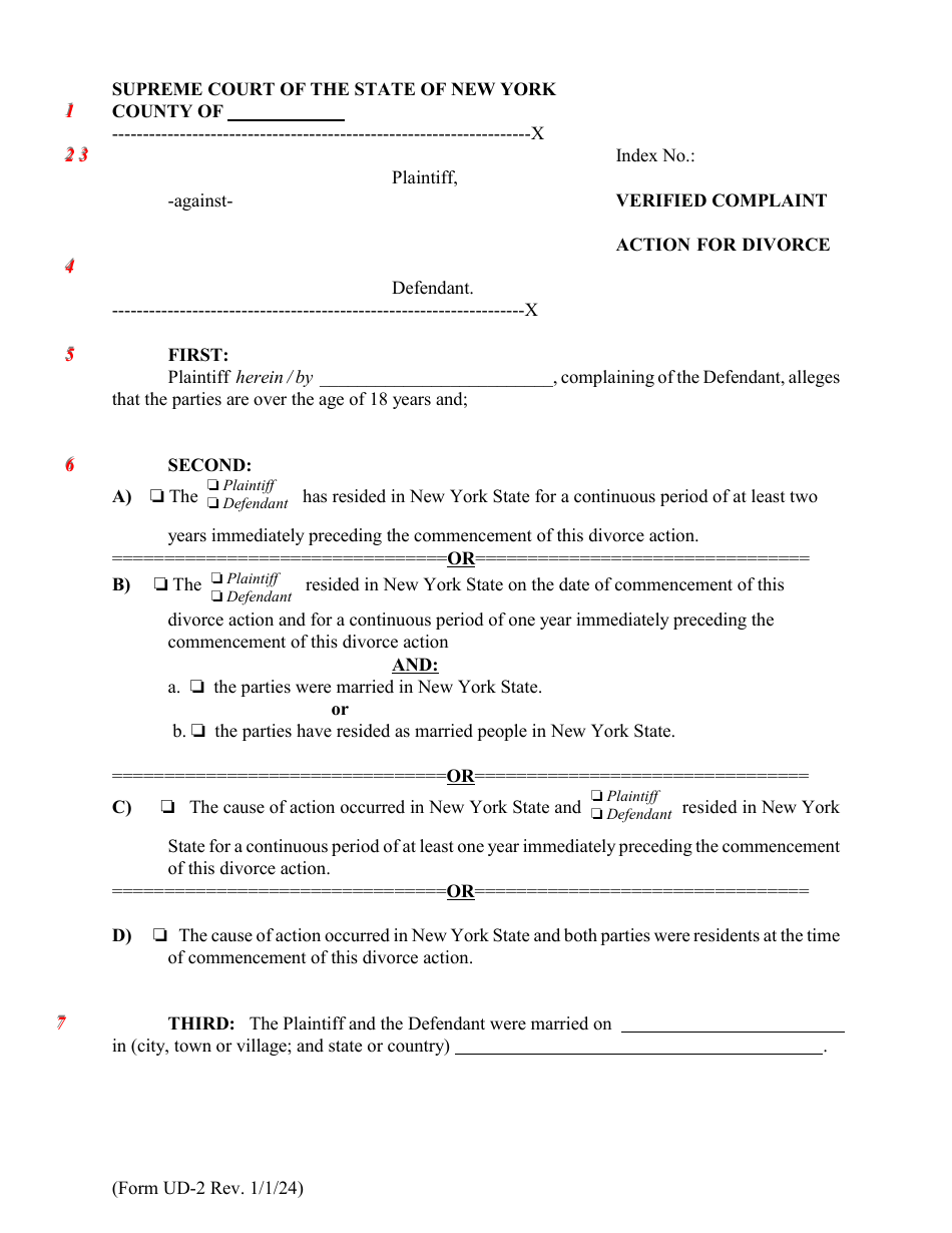 Form UD-2 Verified Complaint Action for Divorce - New York, Page 1