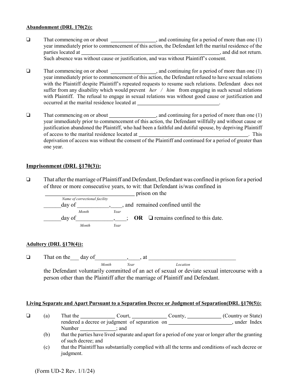 Form UD-2 Verified Complaint Action for Divorce - New York, Page 3