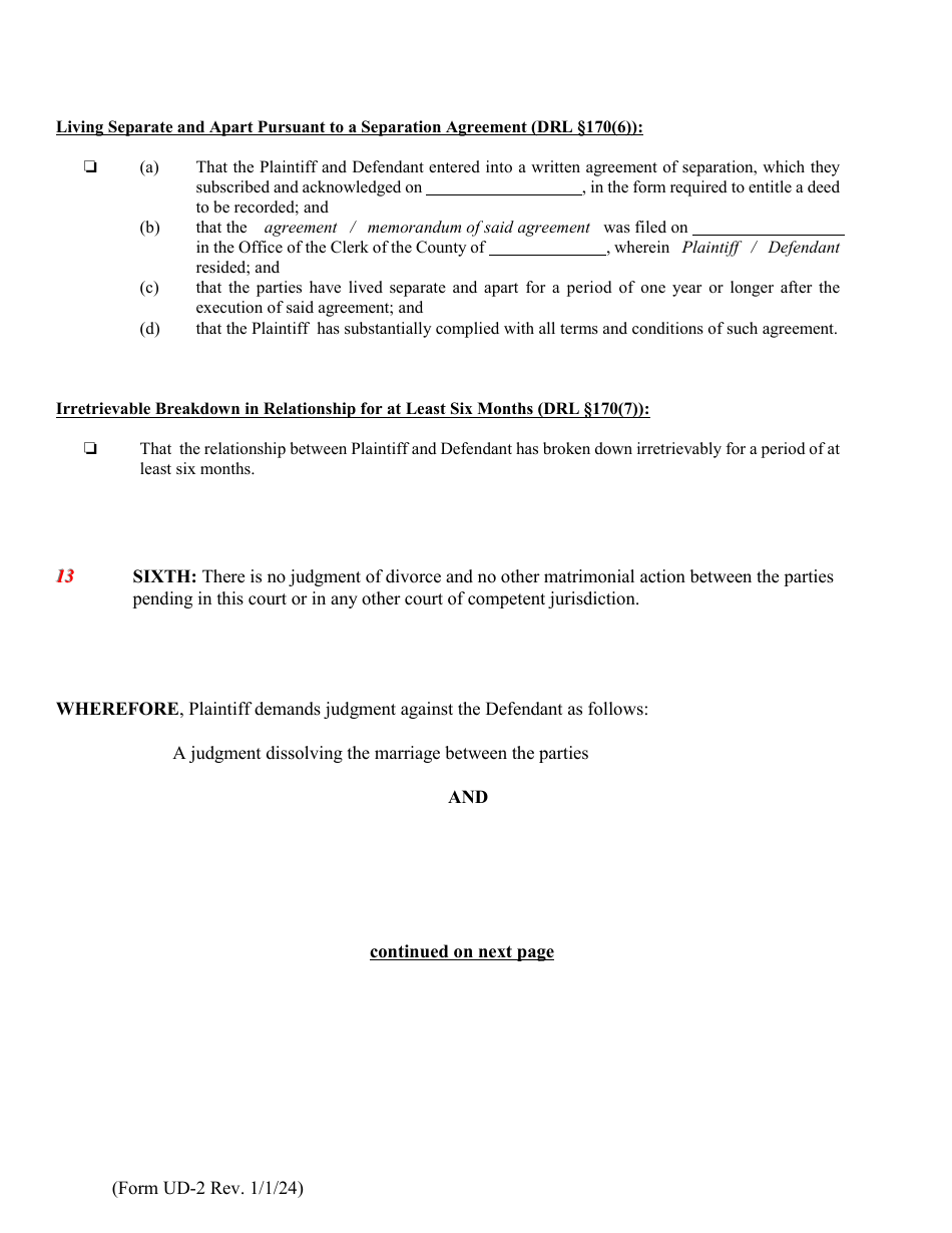 Form UD-2 Verified Complaint Action for Divorce - New York, Page 4